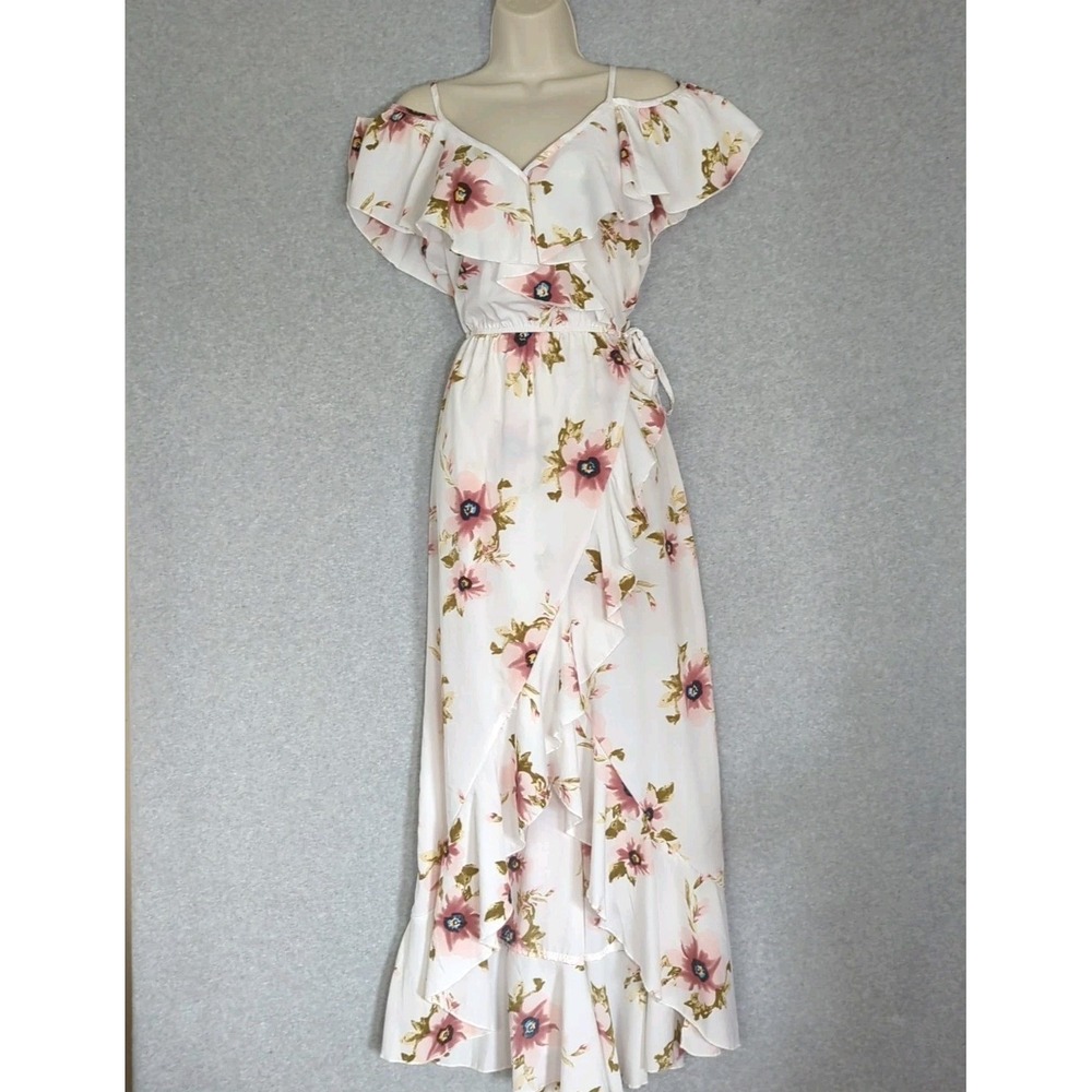 Blush Dress M Midi Floral Babydoll Asymmetric Coquette Off Shoulder Y2K White 90